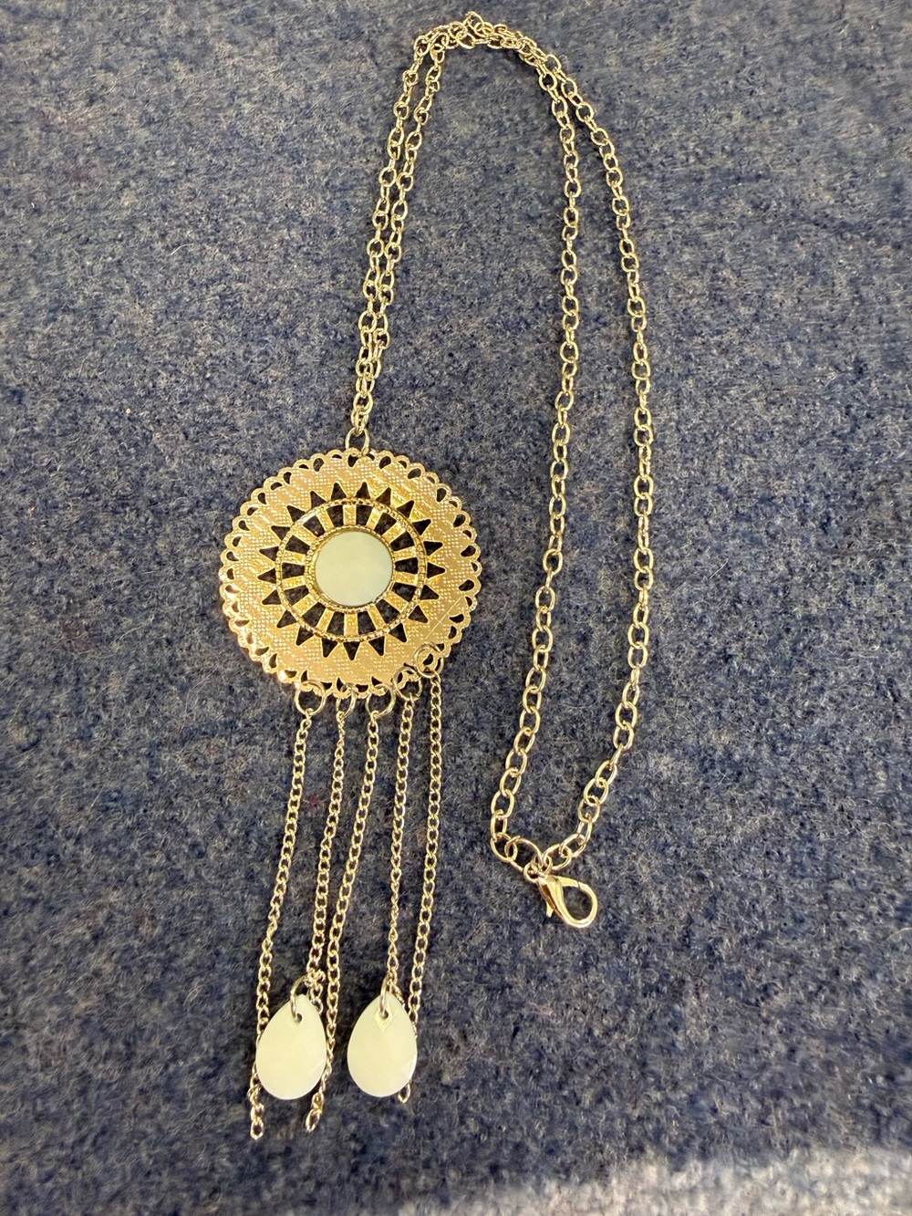 Western medallion silver tone necklace light blue faux stone